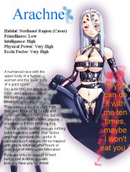 Rule 34 | 1girl, arachne, arthropod girl, arthropod limbs, breasts, bug, character profile, hard-translated, insect girl, large breasts, leather, monster girl, okayado, red eyes, solo, spider, spider girl, taur, third-party edit, translated