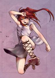 Rule 34 | 1girl, angry, ankle lace-up, bad feet, bad id, bad pixiv id, barefoot, cross-laced footwear, dirty, dirty feet, dress, feet, fighting stance, full body, jumping, magi the labyrinth of magic, morgiana, red eyes, red hair, simple background, skirt, soles, solo, toes, tsanyu07, white dress, white skirt