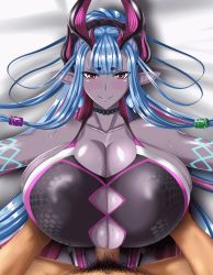Rule 34 | 1boy, 1girl, animated, animated gif, black one-piece swimsuit, body markings, bouncing breasts, breast cutout, breasts, breasts squeezed together, cleavage, cleavage cutout, clothed female nude male, clothing cutout, collarbone, colored skin, competition swimsuit, fate/grand order, fate (series), grey skin, hetero, horns, huge breasts, ibuki douji (fate), ibuki douji (swimsuit berserker) (fate), juno (pixiv32541104), looking at viewer, lying, nude, on back, one-piece swimsuit, oni, oni horns, paizuri, penis, pointy ears, pov, purple hair, red eyes, sidelocks, smile, straddling, straddling paizuri, swimsuit
