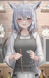 Rule 34 | absurdres, ahoge, animal ear fluff, animal ears, apron, black apron, blue nails, blurry, blurry background, blush, braid, commentary, commentary request, cooking, cooking pot, earrings, fox ears, fox girl, fox tail, green eyes, hair between eyes, highres, holding, holding ladle, hololive, jewelry, ladle, long hair, looking at viewer, nail polish, open mouth, rimamo, shirakami fubuki, shirt, sidelocks, single braid, tail, virtual youtuber, white hair, white shirt