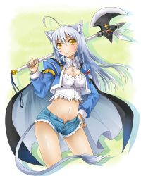 Rule 34 | 10s, 1girl, ahoge, animal ears, axe, blush, breasts, bustier, cape, cutoffs, denim, denim shorts, dog days, grey hair, hand on own hip, hip focus, leonmitchelli galette des rois, long hair, michii yuuki, midriff, navel, over shoulder, short shorts, shorts, smile, solo, tail, weapon, yellow eyes