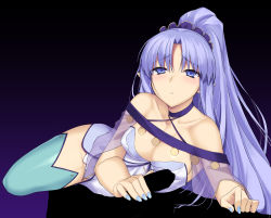 Rule 34 | 1girl, bare shoulders, blue eyes, blue hair, blue nails, blue thighhighs, blush, bnc (bunshi), breasts, capelet, censored, choker, cleavage, commentary request, fate/grand order, fate (series), hair ornament, hair scrunchie, handjob, light blush, long hair, looking at viewer, medea (lily) (fate), medium breasts, nail polish, penis, pointy ears, ponytail, scrunchie, see-through, solo focus, thighhighs