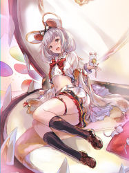 Rule 34 | 1girl, :d, animal, animal ears, animal on hand, black socks, bow, bowtie, brown footwear, cheese, collared shirt, crop top, fake animal ears, food, full body, granblue fantasy, hairband, head tilt, highres, kneehighs, loafers, long sleeves, looking at viewer, matsukura nemu, midriff, miniskirt, mouse (animal), mouse ears, navel, open mouth, pillow, red bow, red bowtie, red eyes, shirt, shoes, short hair, skirt, smile, socks, solo, thigh strap, thighhighs, vikala (granblue fantasy), white background, white shirt, white skirt, wide sleeves