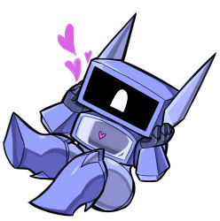 Rule 34 | chibi, commission, decepticon, hands on own cheeks, hands on own face, heart, highres, mecha, no humans, one-eyed, pillar buster, robot, shockwave (transformers), sitting, solo, transformers, white background, white eyes
