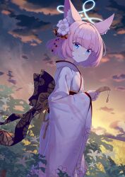 Rule 34 | 1girl, absurdres, alternate costume, animal ears, blue archive, blue eyes, breasts, flower, fox ears, hair flower, hair ornament, halo, highres, japanese clothes, kimono, looking at viewer, medium hair, niko (blue archive), pink hair, pink kimono, small breasts, solo, soulcore1999