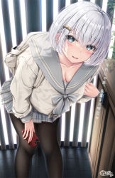Rule 34 | 1girl, bag, black pantyhose, blush, bob cut, bow, breasts, cellphone, cleavage, collarbone, commentary request, floor, grey bow, grey eyes, grey sailor collar, hair between eyes, hair ornament, hairclip, highres, holding, holding phone, large breasts, leaning forward, long sleeves, looking at viewer, medium breasts, original, pantyhose, parted lips, phone, pleated skirt, sailor collar, school bag, school uniform, serafuku, short hair, sidelocks, skirt, smartphone, smile, solo, translation request, unohana pochiko, white hair