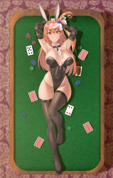 Rule 34 | 1girl, abs, absurdres, animal ears, armpits, arms up, bare hips, between breasts, black gloves, black leotard, black thighhighs, bow, bowtie, breasts, card, card between breasts, casino, casino card table, chips (food), cleavage, collar, commission, elbow gloves, epko, fake animal ears, food, gloves, grin, highleg, highleg leotard, highres, large breasts, last origin, leotard, lying, magical momo, on back, playboy bunny, poker chip, rabbit ears, seductive smile, smile, solo, table, thick thighs, thigh gap, thighhighs, thighs