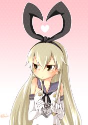 Rule 34 | 10s, 1girl, anchor, anchor hair ornament, blonde hair, blush, buttons, collarbone, elbow gloves, expressive clothes, gloves, hair ornament, hairband, heart, kantai collection, long hair, looking away, looking to the side, nassukun, pink background, pout, sailor collar, shimakaze (kancolle), shirt, sidelocks, simple background, sleeveless, sleeveless shirt, solo, twitter username, white gloves, white shirt
