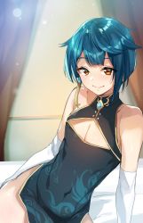 Rule 34 | 1boy, bed, blue dress, blue hair, brown eyes, china dress, chinese clothes, cleavage cutout, clothing cutout, covered navel, crossdressing, ddolggol, dress, elbow gloves, genshin impact, gloves, hair flaps, highres, korean commentary, male focus, on bed, pectoral cleavage, pectorals, sitting, sleeveless, sleeveless dress, smile, solo, trap, white gloves, xingqiu (genshin impact)