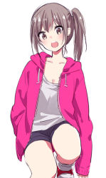 Rule 34 | 1girl, blue shorts, blush, breasts, brown eyes, brown hair, cleavage, collarbone, eyebrows, hood, hoodie, ica, looking at viewer, medium breasts, on one knee, open clothes, open hoodie, open mouth, original, shirt, shoes, shorts, side ponytail, simple background, sleeves past wrists, solo, white background, white shirt
