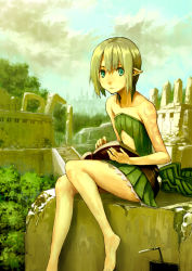 Rule 34 | 1girl, aqua eyes, barefoot, bodypaint, book, cloud, day, elf, feet, flat chest, green hair, houru, nature, open book, original, outdoors, pointy ears, reading, ruins, scenery, shoes, unworn shoes, solo