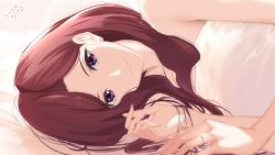 Rule 34 | 1girl, bad id, bad pixiv id, bare arms, blurry, blurry foreground, brown hair, closed mouth, highres, jewelry, lens flare, long hair, looking at viewer, lying, non-web source, on side, original, purple eyes, ring, sakuraba roiyaru, smile, solo, under covers, wedding ring