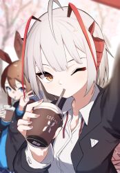 Rule 34 | 2girls, amiya (arknights), antenna hair, arknights, black jacket, blue eyes, blue shirt, blurry, blurry background, brown hair, buttoned cuffs, buttons, cherry blossoms, coffee cup, cup, disposable cup, drinking, drinking straw, drinking straw in mouth, hair between eyes, highres, holding, holding cup, jacket, long sleeves, multiple girls, neck ribbon, one eye closed, outdoors, outstretched arm, parted bangs, petals, reunion logo (arknights), ribbon, school uniform, selfie, shirt, sidelocks, tsugu 0928, unbuttoned, unbuttoned shirt, undone neck ribbon, v, w (arknights), white hair, white shirt, wide sleeves, yellow eyes