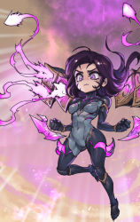 Rule 34 | 1girl, black bodysuit, bodysuit, breasts, clenched hands, detached wings, facial mark, floating hair, frown, grey bodysuit, kai&#039;sa, league of legends, long hair, medium breasts, multicolored background, phantom ix row, pink eyes, purple hair, rocket, serious, solo, wings