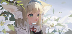 Rule 34 | 1girl, absurdres, animal ears, arknights, blonde hair, blue hairband, chinese commentary, commentary, dated commentary, flower, green eyes, hairband, highres, lily of the valley, looking away, neck ribbon, open mouth, red ribbon, ribbon, shio (shiofeifei), short hair, solo, suzuran (arknights), upper body