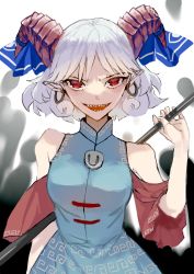 Rule 34 | 1girl, blue dress, blue ribbon, blush, detached sleeves, dress, earrings, highres, holding, horn ornament, horn ribbon, horns, jewelry, meandros, nanasuou, open mouth, pointy ears, red eyes, red horns, red sleeves, ribbon, sharp teeth, sheep horns, short hair, smile, solo, teeth, touhou, toutetsu yuuma, upper body, white hair