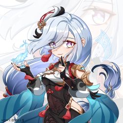 Rule 34 | 1girl, black bodysuit, black gloves, bodysuit, bridal gauntlets, chinese clothes, cloud retainer (genshin impact), commentary request, detached sleeves, eyes visible through hair, genshin impact, gloves, grey eyes, hair over one eye, highres, hyny, long hair, looking at viewer, low-tied long hair, shenhe (genshin impact), sidelocks, silver hair, smile, solo, xianyun (genshin impact), zoom layer