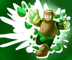 Rule 34 | &gt;:), 2021, absurdres, commentary, dated, english commentary, eternalthemandarin06, full body, green background, green theme, highres, leaf, mega man (classic), mega man (series), mega man 2, siivagunner, solo, v-shaped eyebrows, wood man
