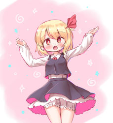 Rule 34 | 1girl, arinu, black skirt, black vest, blonde hair, bloomers, bright pupils, collared shirt, cowboy shot, earrings, hair ribbon, jewelry, long sleeves, looking at viewer, open mouth, pink background, red eyes, red ribbon, ribbon, rumia, shirt, short hair, skirt, solo, standing, touhou, underwear, vest, white pupils, white shirt