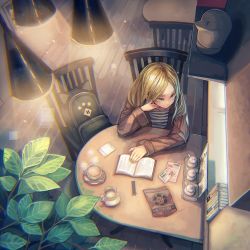 Rule 34 | 1girl, backpack, bag, blonde hair, blue eyes, book, cafe, chair, closed mouth, coat, collarbone, cup, from above, indoors, kaneni, lamp, leaf, long hair, looking to the side, open book, open clothes, open coat, original, saucer, shirt, sitting, smile, solo, striped clothes, striped shirt, teacup