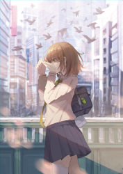Rule 34 | 1girl, absurdres, akira (mr akira), animal, bag, bare tree, bird, black skirt, brown eyes, brown hair, building, city, commentary request, crying, crying with eyes open, day, duffel bag, from side, green necktie, hair ornament, hairclip, hands up, highres, light rays, long sleeves, miniskirt, necktie, original, outdoors, pleated skirt, railing, school uniform, shirt, short hair, skirt, solo, streaming tears, sunbeam, sunlight, tears, tree, white shirt, winter, wiping tears