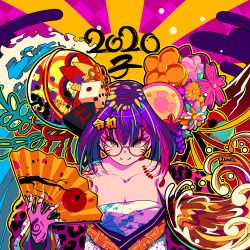 Rule 34 | 1girl, 2020, animal ears, bare shoulders, berryverrine, bodypaint, breasts, cleavage, collarbone, colorful, dice, eyelashes, flower, folding fan, food, fruit, glasses, grapes, hair ornament, hairclip, hand fan, japanese clothes, mouse ears, multicolored background, multicolored clothes, multicolored eyes, multicolored hair, multicolored nails, nail polish, new year, original, paint splatter, round eyewear, short hair, smile, solo, streaked hair, upper body, water