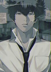 Rule 34 | 1boy, black eyes, black necktie, breast pocket, collared shirt, double-parted bangs, facing viewer, grey theme, kougami shin&#039;ya, male focus, messy hair, necktie, open mouth, paper, partially unbuttoned, photo (object), pocket, psycho-pass, shirt, short hair, smoking, sticky note, very short hair, white shirt, yukin (es)