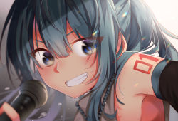Rule 34 | 1girl, absurdres, armpits, bare shoulders, blue eyes, blue hair, blurry, blurry background, blurry foreground, close-up, commentary, depth of field, detached sleeves, frilled shirt collar, frills, from side, grin, hatsune miku, highres, holding, holding microphone, long hair, looking at viewer, microphone, mukuro usss, portrait, rainbow, refraction, shirt, shoulder tattoo, sleeveless, sleeveless shirt, smile, solo, spotlight, sweat, tattoo, tsurime, twintails, vocaloid