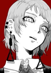 Rule 34 | 1girl, chainsaw man, dress, ear piercing, earrings, fami (chainsaw man), fourth east high school uniform, grey hair, greyscale with colored background, haru rice, head tilt, highres, jewelry, looking at viewer, mole, mole under eye, mole under mouth, multiple moles, open mouth, piercing, pinafore dress, red background, ringed eyes, school uniform, short hair, simple background, sleeveless, sleeveless dress, solo, tassel, tassel earrings
