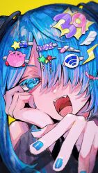 Rule 34 | 1girl, bare shoulders, black sleeves, blue eyes, blue hair, blue nails, blurry, candy hair ornament, depth of field, detached sleeves, dokusanchu, fangs, food-themed hair ornament, hair ornament, hair over one eye, half-closed eyes, hand on own cheek, hand on own face, hands up, hatsune miku, head rest, head tilt, heart, heart hair ornament, highres, kirby, kirby (series), lightning bolt, lightning bolt hair ornament, lightning bolt symbol, long hair, long sleeves, looking at viewer, nintendo, open mouth, outstretched hand, parted bangs, pill hair ornament, portrait, shooting star (symbol), simple background, smile, solo, star (symbol), star hair ornament, too many hairclips, twintails, vocaloid, wifi symbol, wing hair ornament, yellow background