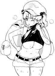 Rule 34 | 1girl, absurdres, backpack, bag, belt, breasts, clothes lift, cowboy shot, flat cap, hair bobbles, hair ornament, hat, highres, himajin noizu, holding, holding wrench, kawashiro nitori, large breasts, lifting own clothes, looking at viewer, monochrome, navel, one eye closed, shirt lift, short shorts, shorts, simple background, solo, standing, sweat, tank top, touhou, two side up, underboob, wrench