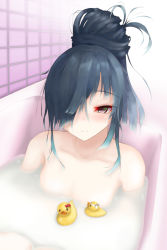 Rule 34 | 10s, 1girl, alternate hairstyle, bath, bathtub, black hair, blunt bangs, collarbone, grey eyes, hair over one eye, hayashimo (kancolle), highres, kantai collection, long hair, momin, nude, rubber duck, smile, solo, tile wall, tiles