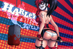 Rule 34 | 1girl, ass, back, blood, bloody weapon, butt crack, darkereve, dc comics, facepaint, garter belt, garter straps, halftone, halftone background, hammer, harley quinn, highres, justice league: gods and monsters, mallet, multicolored hair, panties, solo, stitches, striped, striped background, tattoo, thighhighs, twintails, two-tone hair, underwear, weapon