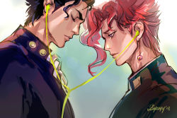 Rule 34 | 2boys, asymmetrical hair, black hair, closed eyes, closed mouth, commentary, earphones, earrings, english commentary, facing another, from side, gakuran, gradient background, jewelry, jojo no kimyou na bouken, kakyoin noriaki, kuujou joutarou, looking at another, male focus, multiple boys, pink hair, profile, purple eyes, school uniform, shared earphones, short hair, signature, simple background, sketch, stardust crusaders, upper body, yaoi, zzyzzyy
