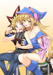 Rule 34 | 1girl, 2boys, :d, bare shoulders, blonde hair, blush, blush stickers, boots, breast press, breasts, card, clothes lift, d:, dark magician girl, denim, duel monster, dyed bangs, gintarou (kurousagi108), green eyes, hand on another&#039;s chest, hand on own chin, holding hands, jeans, jonouchi katsuya, knee boots, lifting another&#039;s clothes, long hair, multiple boys, muto yugi, open mouth, pants, purple eyes, skirt, skirt lift, smile, stool, upskirt, yu-gi-oh!, yu-gi-oh! duel monsters