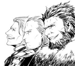 Rule 34 | 3boys, beard, character request, facial hair, fate/grand order, fate (series), formal, grey hair, greyscale, highres, iskandar (fate), james moriarty (archer) (fate), looking to the side, male focus, manly, monochrome, mugetsu2501, multiple boys, mustache, short hair, smile, smirk, teeth, upper body