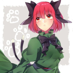 Rule 34 | 1girl, alternate hairstyle, animal ears, black bow, black bowtie, blunt bangs, border, bow, bowtie, breasts, cat ears, cat tail, cowboy shot, dress, green dress, grey background, hair between eyes, hair bow, highres, juliet sleeves, kaenbyou rin, long sleeves, looking away, medium breasts, multiple tails, nekomata, outside border, puffy sleeves, red eyes, red hair, renka (sutegoma25), short hair, simple background, solo, tail, touhou, two tails, white border