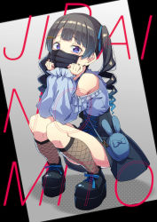 Rule 34 | 1girl, akakage red, bag, bare shoulders, black hair, blue eyes, blue ribbon, clothing cutout, commentary, convenient leg, covered mouth, cross-laced clothes, dress, drill hair, elbows on knees, fishnet socks, fishnets, frills, full body, hair ornament, hair ribbon, hairclip, handbag, heart, heart-shaped pupils, kneehighs, long hair, long sleeves, looking at viewer, mask, mouth mask, nijisanji, platform footwear, ribbon, shoulder cutout, socks, solo, squatting, symbol-shaped pupils, tsukino mito, tsukino mito (14th costume), twin drills, two-tone background, virtual youtuber