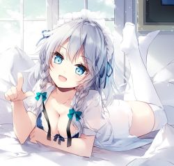 Rule 34 | 1girl, :d, black ribbon, blue bra, blue eyes, blush, bow, bra, braid, breasts, cleavage, collarbone, collared shirt, commentary request, crossed legs, day, feet, feet up, hair bow, hand up, head tilt, headdress, index finger raised, izayoi sakuya, lace trim, large breasts, legs up, light particles, long hair, looking at viewer, lying, maid headdress, medium breasts, mochizuki shiina, no shoes, on bed, on stomach, open clothes, open mouth, open shirt, pillow, pointing, pointing at viewer, puffy short sleeves, puffy sleeves, ribbon, shirt, short hair, short sleeves, silver hair, smile, solo, the pose, thighhighs, thighs, touhou, twin braids, underwear, white shirt, white thighhighs, window