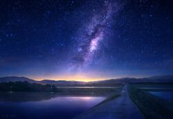 Rule 34 | commentary request, evening, grass, lamppost, milky way, mks, mountainous horizon, night, no humans, original, outdoors, reflection, rice paddy, road, rural, scenery, sky, star (sky), starry sky, sunset, tree, vanishing point