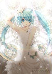 Rule 34 | 1girl, aqua eyes, aqua hair, bad id, bad pixiv id, bare shoulders, bow, dress, flower, hair bow, hatsune miku, highres, koge donbo, long hair, looking at viewer, rose, sketch, smile, solo, sparkle, twintails, very long hair, vocaloid, wedding dress