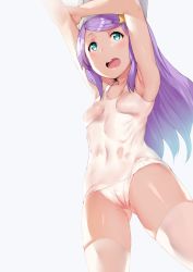 Rule 34 | 10s, 1girl, anastasia hoshin, aqua eyes, arm grab, armpits, arms up, breasts, covered navel, cowboy shot, from below, gluteal fold, hair ornament, hat, hews, long hair, looking away, one-piece swimsuit, open mouth, purple hair, re:zero kara hajimeru isekai seikatsu, school swimsuit, shiny skin, small breasts, solo, swept bangs, swimsuit, thighhighs, thighs, tongue, wet, wet clothes, wet swimsuit, white one-piece swimsuit
