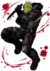 Rule 34 | 1boy, black footwear, black gloves, black pants, blood, blood splatter, bloody weapon, caiman (dorohedoro), clenched teeth, climaxmukr, colored skin, dorohedoro, dual wielding, facial mark, fighting stance, full body, furry, furry male, gloves, green skin, holding, holding weapon, knife, lizardman, looking at viewer, male focus, pants, scales, sharp teeth, solo, spikes, teeth, thick thighs, thighs, tight clothes, weapon