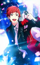 Rule 34 | 1boy, ahoge, black jacket, black pants, btmr game, confetti, facial hair, goatee, grey shirt, highres, holding, holding microphone, idolmaster, idolmaster side-m, jacket, long sleeves, male focus, microphone, necktie, open mouth, pants, red eyes, red hair, shirt, signature, solo, sparkle, stage, stage lights, star (symbol), teeth, tendo teru, upper teeth only