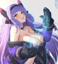Rule 34 | 1girl, absurdres, bandeau, bare shoulders, black choker, black hairband, blunt bangs, breasts, challenger dominiel, choker, commentary, electricity, epic seven, grey background, grin, hairband, highres, jacket, large breasts, long hair, long sleeves, looking at viewer, midriff, mittens, navel, off shoulder, purple hair, purple jacket, red eyes, smile, solo, stomach, strapless, tube top, upper body, very long hair, yunareas