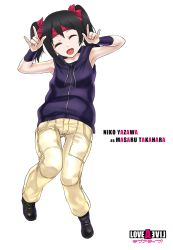Rule 34 | 1girl, :d, \m/, bare shoulders, black hair, blush, bow, character name, cosplay, double \m/, closed eyes, hair bow, headband, hood, hoodie, infinote, live a live, love live!, love live! school idol project, nico nico nii, open mouth, short hair, smile, solo, takahara masaru, takahara masaru (cosplay), twintails, yazawa nico
