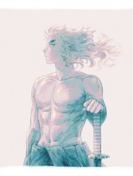 Rule 34 | 1boy, abs, arm at side, blonde hair, commentary, floating hair, forked eyebrows, haigyo31, hakama, hand up, highres, japanese clothes, katana, kimetsu no yaiba, letterboxed, long hair, male focus, medium hair, navel, nipples, profile, rengoku kyoujurou, scratches, simple background, solo, sunlight, sword, symbol-only commentary, toned, toned male, topless male, upper body, weapon, wind