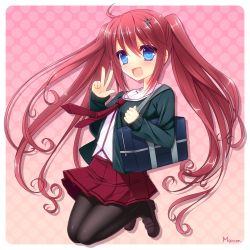 Rule 34 | 1girl, :d, ahoge, artist name, bag, black pantyhose, blue eyes, blush, border, eyebrows, full body, gradient background, hair between eyes, hair ornament, hairclip, knees together feet apart, loafers, long hair, long sleeves, looking at viewer, maron (1212ama), necktie, open mouth, original, outside border, pantyhose, pink background, pleated skirt, red hair, red necktie, red skirt, school bag, school uniform, shoes, skirt, smile, solo, sound voltex ii infinite infection, v, very long hair, w