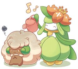 Rule 34 | :&lt;, ^ ^, closed eyes, closed mouth, creatures (company), game freak, gen 5 pokemon, highres, holding, holding watering can, lilligant, musical note, nintendo, no humans, pokemon, pokemon (creature), rirutemu, squiggle, standing, watering, watering can, wet, whimsicott, white background