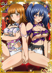 Rule 34 | 00s, 2girls, bare shoulders, bashoku youjou, blue hair, blush, breasts, brown eyes, brown hair, card (medium), cleavage, female focus, hair ornament, ikkitousen, large breasts, legs, looking at viewer, multiple girls, open mouth, panties, purple eyes, short twintails, sitting, torn clothes, twintails, underwear